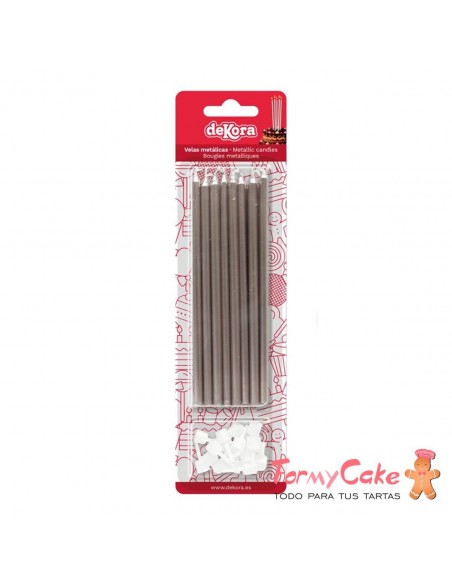 Velas Alargadas Plata Metalizada 13cm, 16ud Dekora