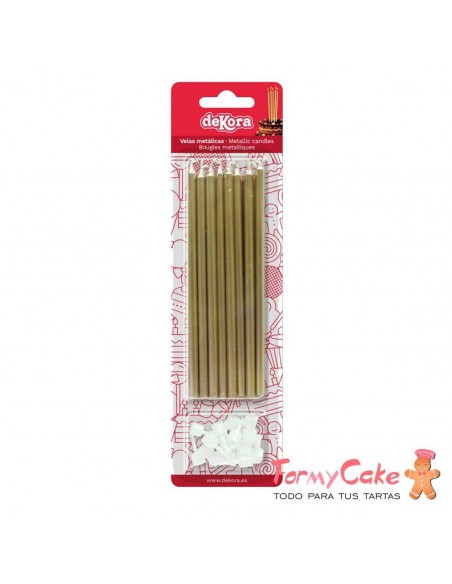 Velas Alargadas oro Metalizadas 13cm, 16ud Dekora