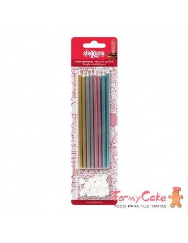 Velas Alargadas Metalizadas, Mix Oro, Plata, Rosa, Azul, 13cm, 16ud Dekora