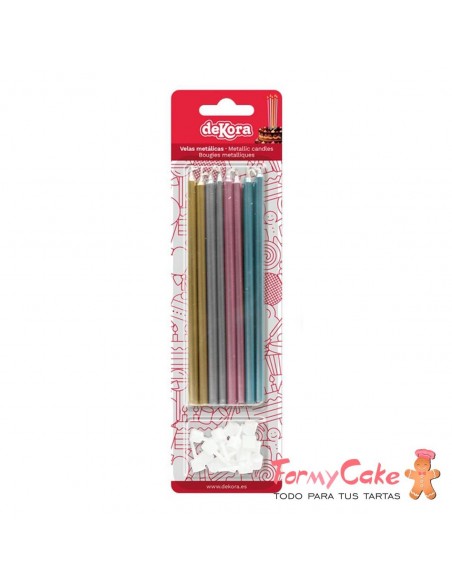 Velas Alargadas Metalizadas, Mix Oro, Plata, Rosa, Azul, 13cm, 16ud Dekora