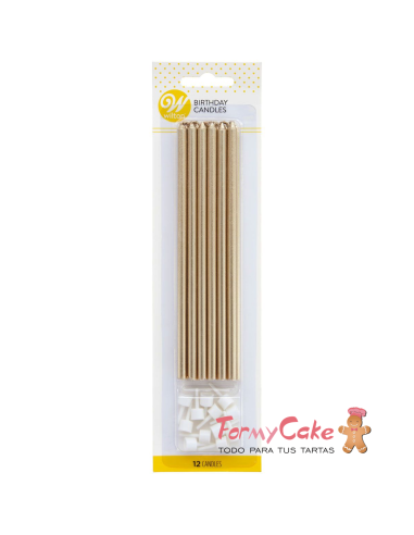Velas para Tartas Doradas Largas 14,5cm, 12ud Wilton