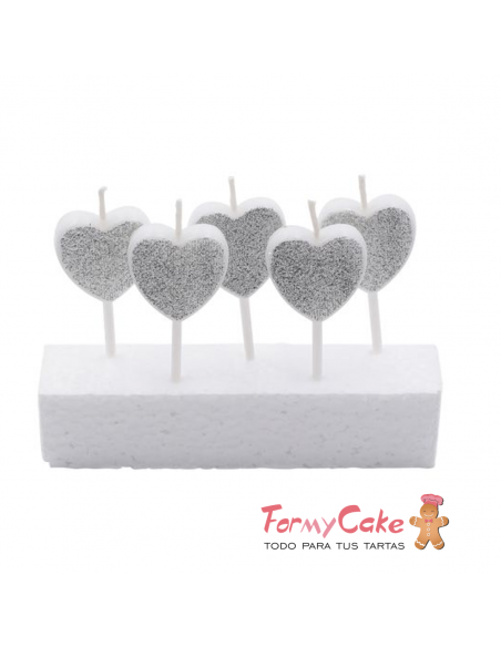 Velas Corazones Plateados 5ud Pastkolor