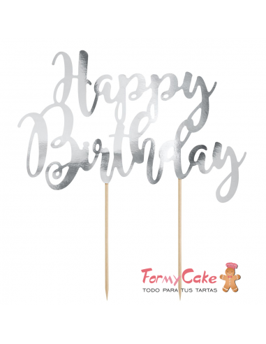 Topper Para Tarta Happy Birthday Plateado Partydeco