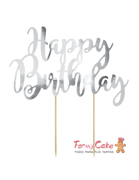 Topper Para Tarta Happy Birthday Plateado Partydeco