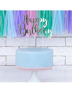 Topper Para Tarta Happy Birthday Plateado Partydeco 2