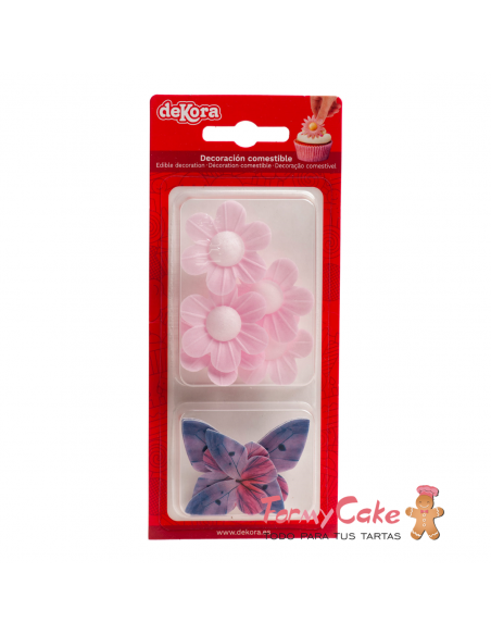 Flores Rosas Y Mariposas De Oblea 8ud Dekora