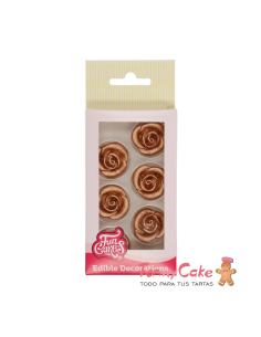 Decoraciones De Mazapán Rosas Color Oro Oscuro, 6ud. Funcakes