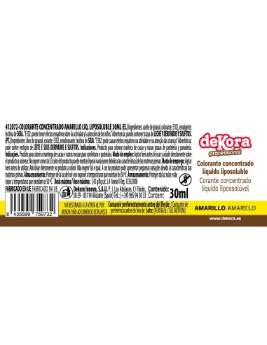 Colorante Líquido Amarillo Liposoluble 30ml Dekora