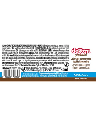 Colorante Líquido Azul Liposoluble 30ml Dekora