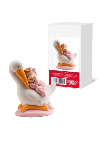 Figura para Tarta Bautizo Cigüeña y Bebé Rosa...