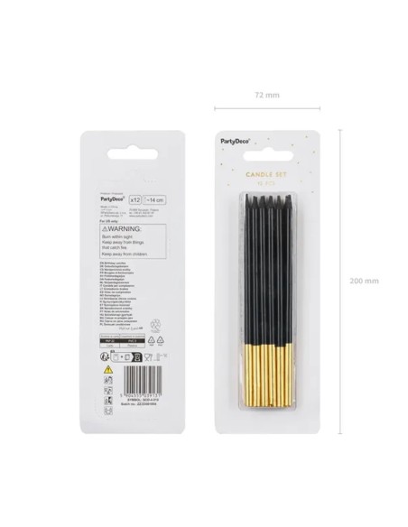 Velas Alargadas Negras-Oro 14cm, 12ud PartyDeco