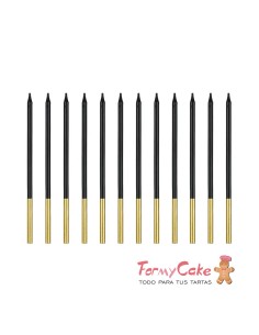 Velas Alargadas Negras-Oro 14cm, 12ud PartyDeco