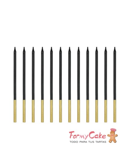 Velas Alargadas Negras-Oro 14cm, 12ud PartyDeco