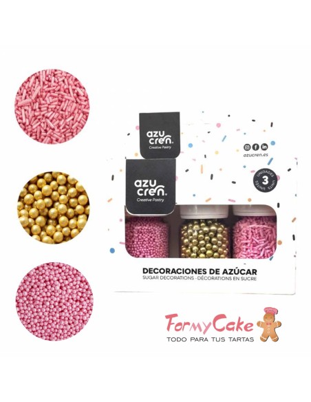 Set Sprinkle Fideos Rosa/Nonpareil Rosa/Perlas Oro Azucren
