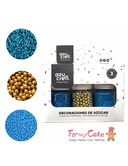 Set Sprinkle Fideos Azul/Nonpareil Azul/Perlas Oro Azucren
