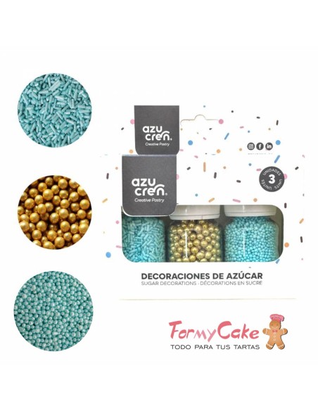 Set Sprinkle Fideos Turquesa/Nonpareil Turquesa/Perlas oro Azucren