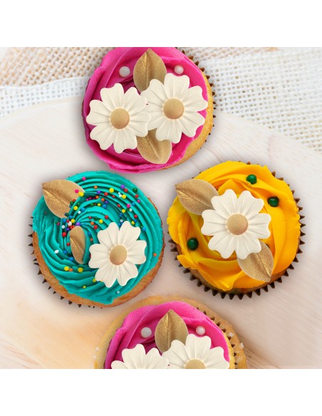 Flores Blanca Y Hojas Doradas De Oblea Dekora