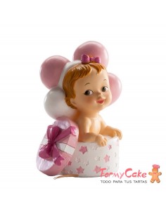 Figura para Tarta Bautizo Bebé Regalo Y Globos Rosa Dekora